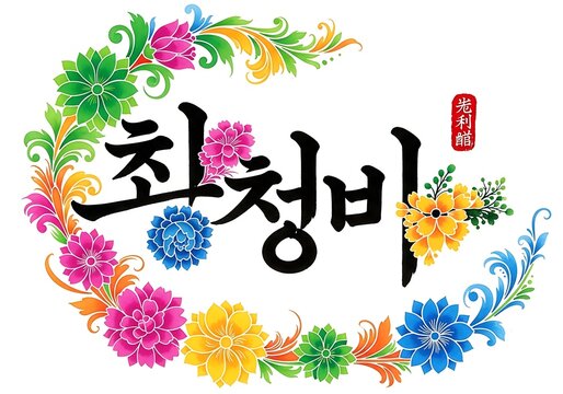 Korean calligraphy art with vibrant floral frame and decorative elements.