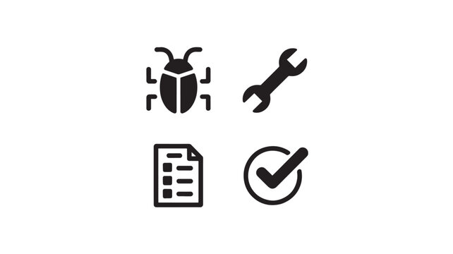 Bug icon, wrench, document, and checkmark illustrate the essential stages of software development and quality assurance testing.