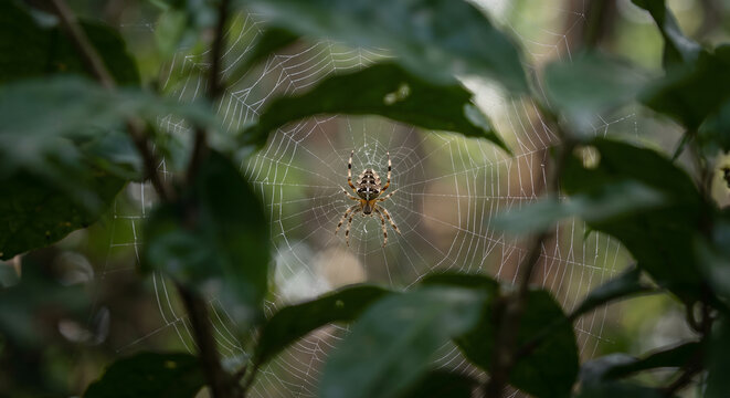 A cross orb weaver spider sitting in the center of its intricate web among green leaves
