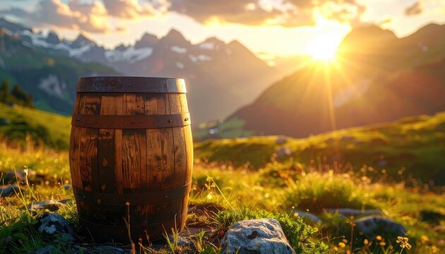 Wooden barrel rests on grassy mountain slope at golden hour