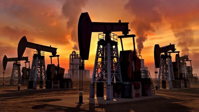 Sunset over oil rigs pumping on cracked dry earth with smoky orange skies and distant refinery towers