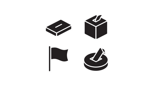 Voting icons representing ballot boxes and election flags are displayed in a clean, minimalist black graphic style.