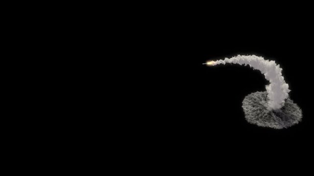 Detailed realistic animation of Rocket Launch with dynamic smoke and exhaust isolated on black with Alpha channel.