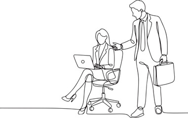 Obraz premium One line of a man standing and placing hand on woman's shoulder while she works on laptop in office