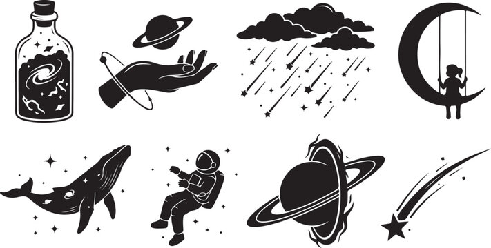 Space icons, astronomy symbols, black vector set, 10 celestial graphics