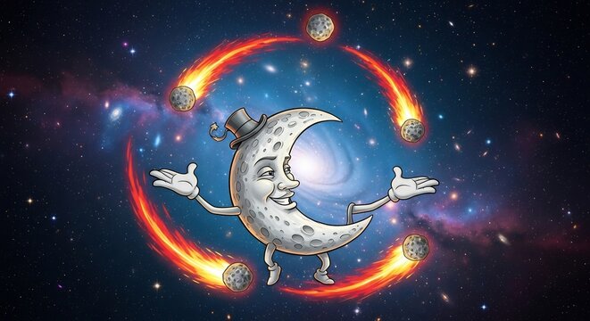 Whimsical Moon Character Juggling Meteors in Cosmic Galaxy.