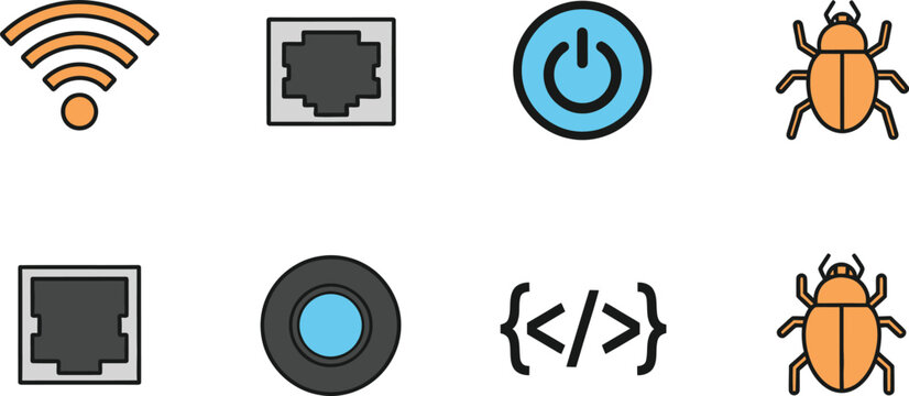 Network connectivity and debugging icons set wireless ethernet power bug reporting and code