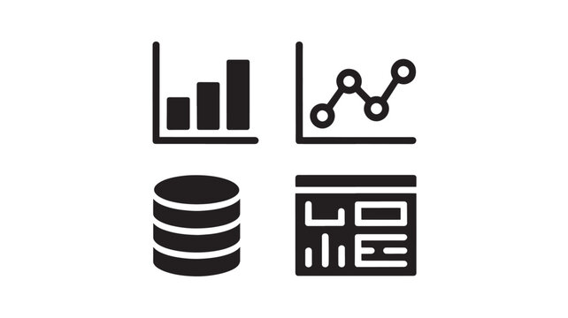 Bar chart and line graph symbols combined with database stacks depict data analytics and reporting.