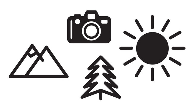 Camera icon alongside mountain and pine tree shapes illustrates outdoor photography themes.