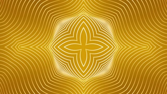 Golden lines form mesmerizing, kaleidoscopic symmetrical patterns. Radiant curves pulse inward with hypnotic rhythm.