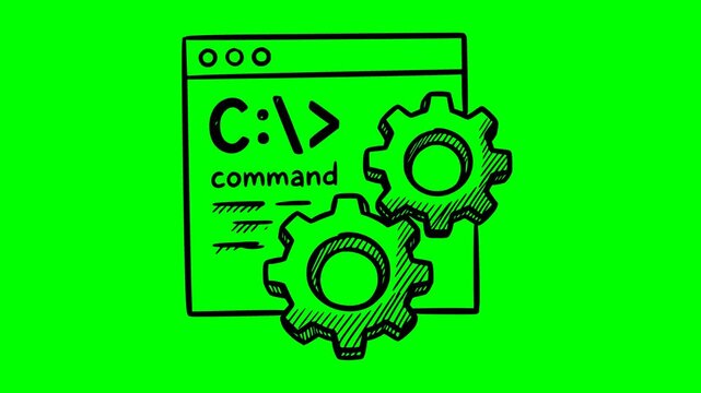 Hand drawn doodle style animation of an operating system command prompt window with spinning gears on a green screen chroma key background, technical sketch vector with black fill line art