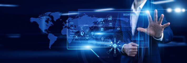 Trader touch crypto virtual screen exploring Decentralized Finance on the global map. Secure...