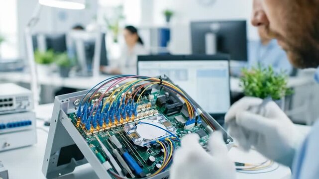 caucasian male technician wearing gloves carefully connects colorful wires on computer motherboard using tweezers. bright modern tech laboratory. electronic equipment repair, network engineering.