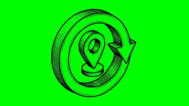 hand drawn style gps location pin update animation with a circular refresh arrow. Isometric navigation symbol representing position reloading and coordinates refreshing isolated on chroma key green sc