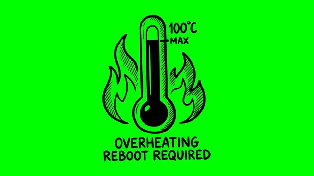 hand drawn thermometer icon animation with black fill on chroma key green screen background showing critical high temperature warning with text overheating reboot required for system error and hardwar