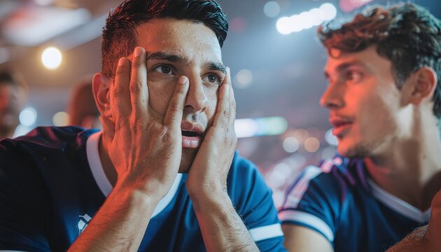 Close up of young male soccer fans reacting to missed goal with shock in sports bar