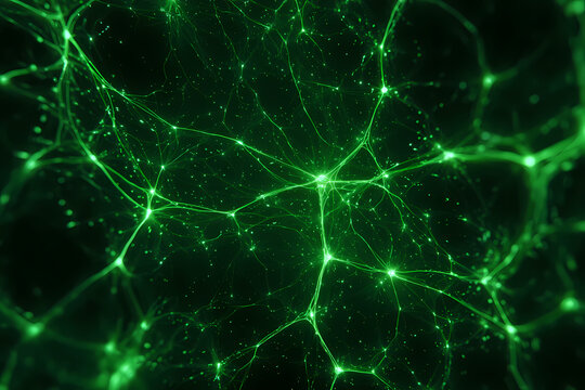 Microscopic green neural network synapses representing brain cell activity