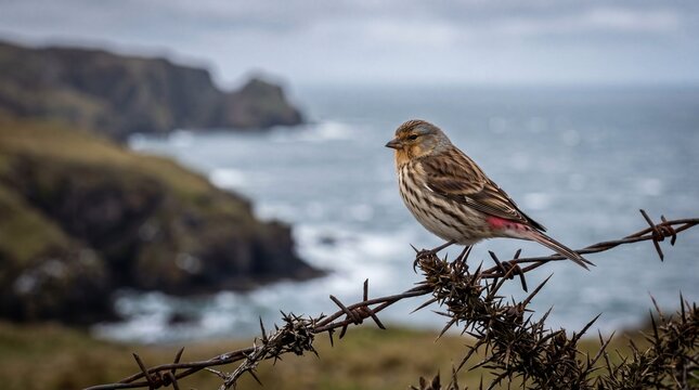 Twite Bird Perched on Rusty Barbed Wire with Coastal Cliff Background