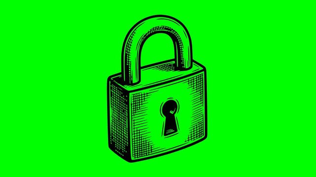 Hand drawn style padlock animation with textured black fill on a green screen chroma key background. Secure access, safety, privacy, and cyber protection concept video for multi-layer editing