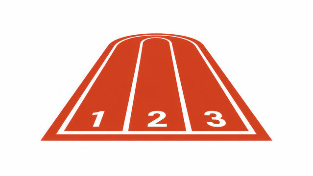 Orange trapezoid shape icon with three running track lanes numbered one two and three for sports design