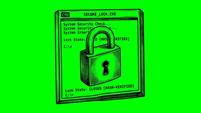 Hand drawn secure lock cmd window icon animation with green screen chroma key background for transparency. Black fill sketch style computer software protection and cyber security symbol loop