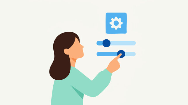 Woman adjusting digital settings, user interface with sliders and gear icon