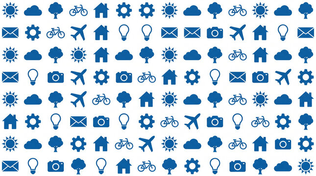 Blue icon pattern background featuring house, bicycle, sun and cloud symbols for web and app design