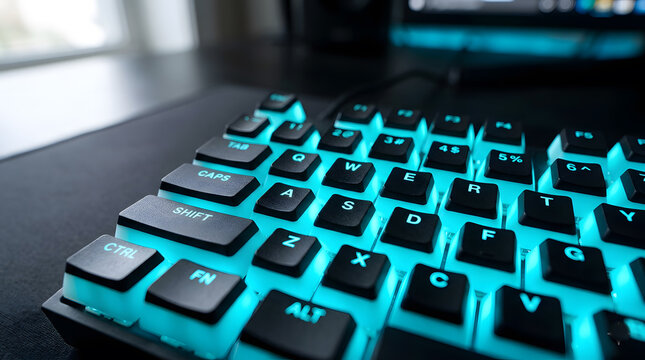 Gaming keyboard with cyan RGB backlight on desk.