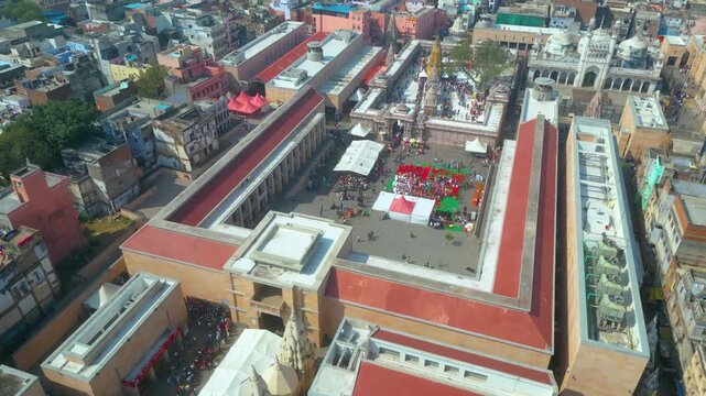 Aerial view of Kashi Vishwanath Temple and Dashashwamedh Ghat.