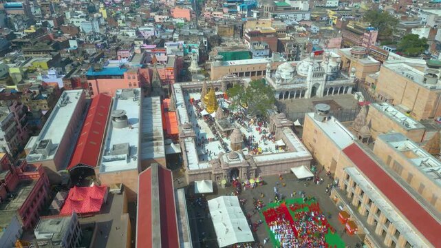 Aerial view of Kashi Vishwanath Temple and Dashashwamedh Ghat.