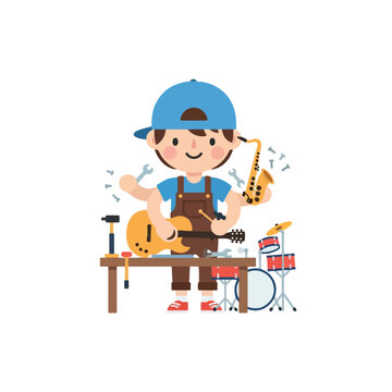 A multi-armed young technician in overalls is skillfully repairing a guitar, saxophone, and drum set at his busy workshop table.