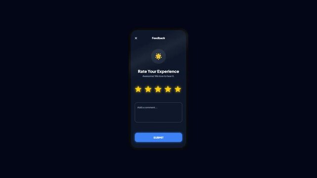 Mobile Rating Experience. Dark Mode Feedback UI. Customer Survey. Star Rating Interface. Smartphone Review. User Satisfaction. Animated App Interface