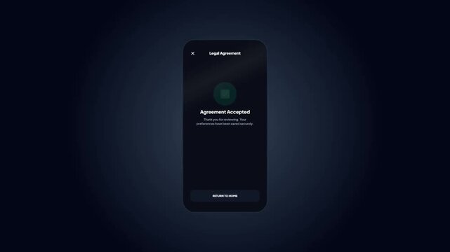 Terms of service agreement. Dark mobile consent UI. Checkbox acceptance flow. Smartphone legal interface. Digital document approval. Interactive app screen. Modern dark design.