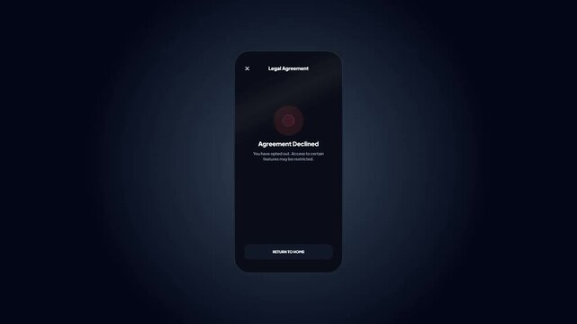 Data sharing consent. Privacy agreement mobile UI. Dark smartphone interface. Personal data settings. Digital privacy options. Interactive consent flow. Modern security design.