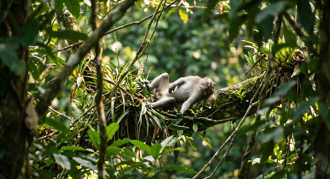 A longtailed macaque sleeping comfortably on a mossy tree branch in the jungle