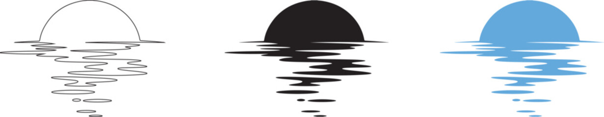 Three stylized representations of a sun setting over rippling water in black white and blue © MOHAMMADTORIQUL