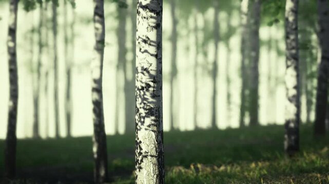 Closeup birch trunk in misty forest, soft diffused light, shallow depth of field, rows of slender trunks with white bark, green moss carpet on forest floor,