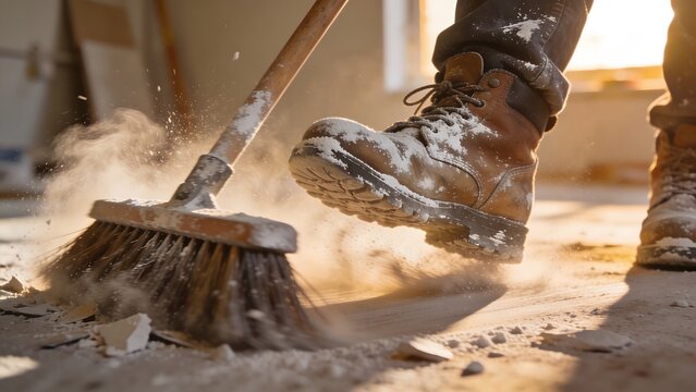 Close-up of a worker in safety boots sweeping construction dust and debris with a large push broom. Concepts of post-renovation cleanup, site maintenance, and professional janitorial service