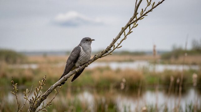 Common Cuckoo Bird Perched on a Budding Branch in Natural Habitat