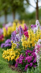 Obraz premium Colorful flower beds in landscaped park garden, seasonal bloom display, outdoor beauty, nature and horticulture concept.