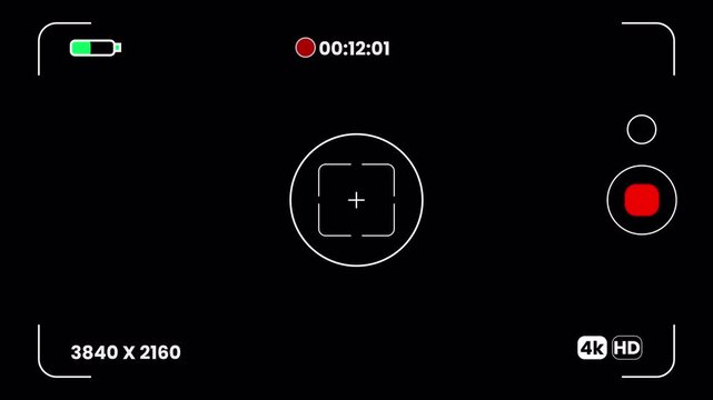 Mobile video recording UI overlay with battery status and focus frame, camera viewfinder display on transparent background 4k video
