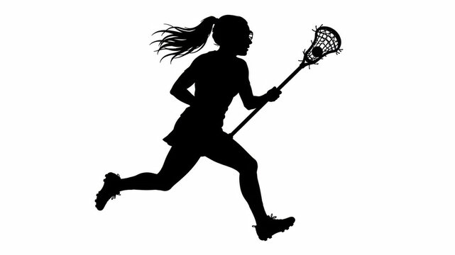 Black silhouette of a female lacrosse player running with a stick on a field for sports competition