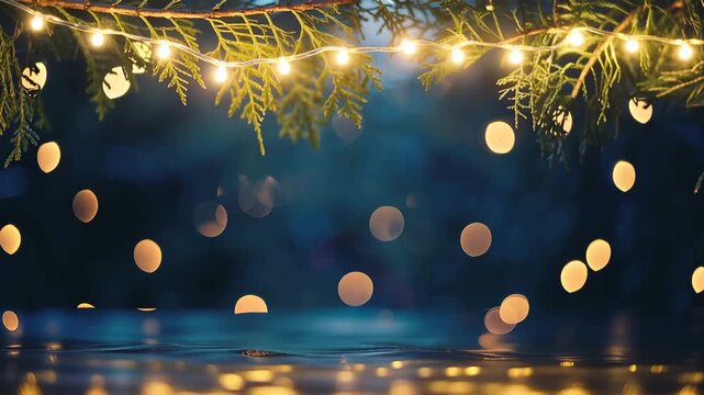 Twinkling fairy lights draped on evergreen branches creating a magical bokeh effect over dark