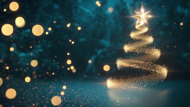 Sparkling golden Christmas tree formed from light particles with glowing star topper and bokeh