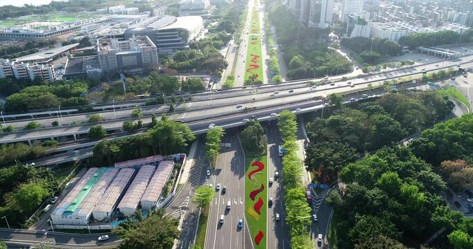 Aerial view of landscaped boulevard and highway interchange in Shenzhen, China