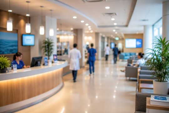 Hospital lobby reception area blurred background medical clinic healthcare facility doctors nurses waiting room interior patient care professional environment