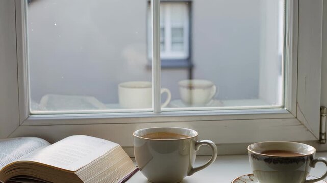 Cozy Morning with Coffee Cups and Open Book by Window. Seamless looping 4k video background