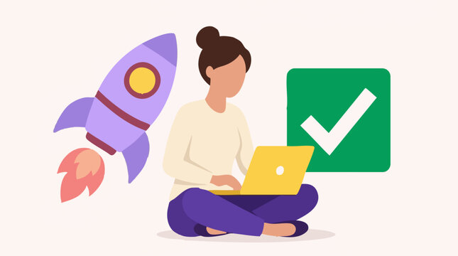 Woman working on laptop with rocket and checkmark, illustrating fast success