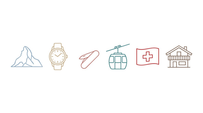 Swiss mountain watch knife gondola flag chalet icons represent national symbols and cultural elements of the country in a clean, minimalist line art style.