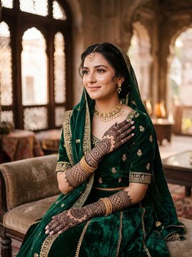 Confident Pakistani bride sits elegantly with intricate mehndi in Mughal setting